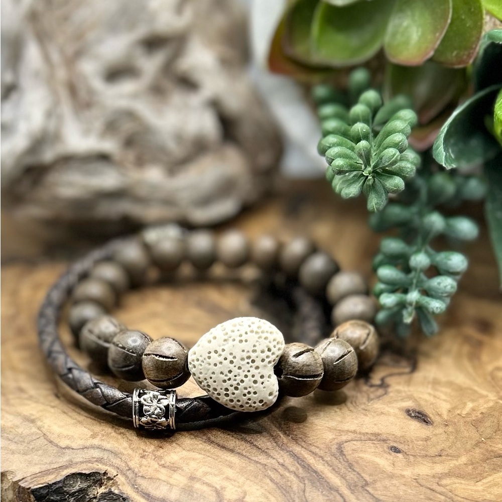 Brown Rosewood Beaded Bracelet with Lava Heart Charm & braided leather bracelet.